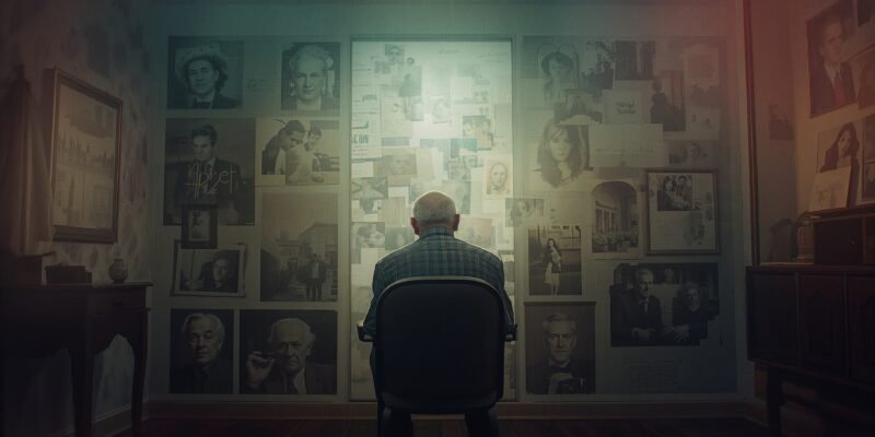 Illustration of an elderly man reflecting on the deaths of his parents, spouse, and friends, surrounded by memories and mementos, symbolizing love, loss, and the difference between being alone and lonely.