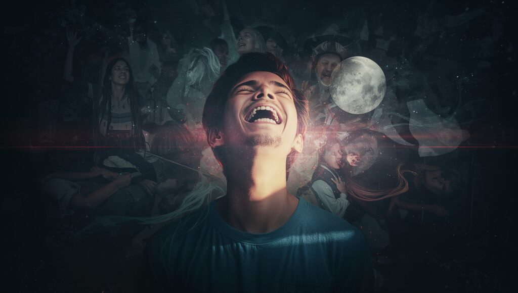 Illustration of a person experiencing happiness while others face suffering, symbolizing the paradox of joy, empathy, and moral guilt.