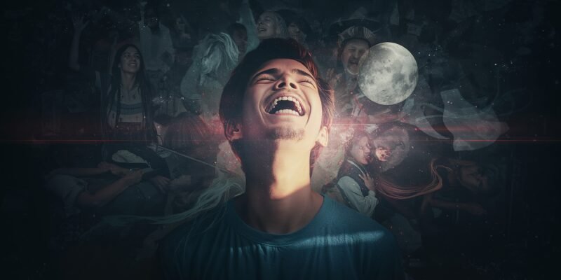 Illustration of a person experiencing happiness while others face suffering, symbolizing the paradox of joy, empathy, and moral guilt.