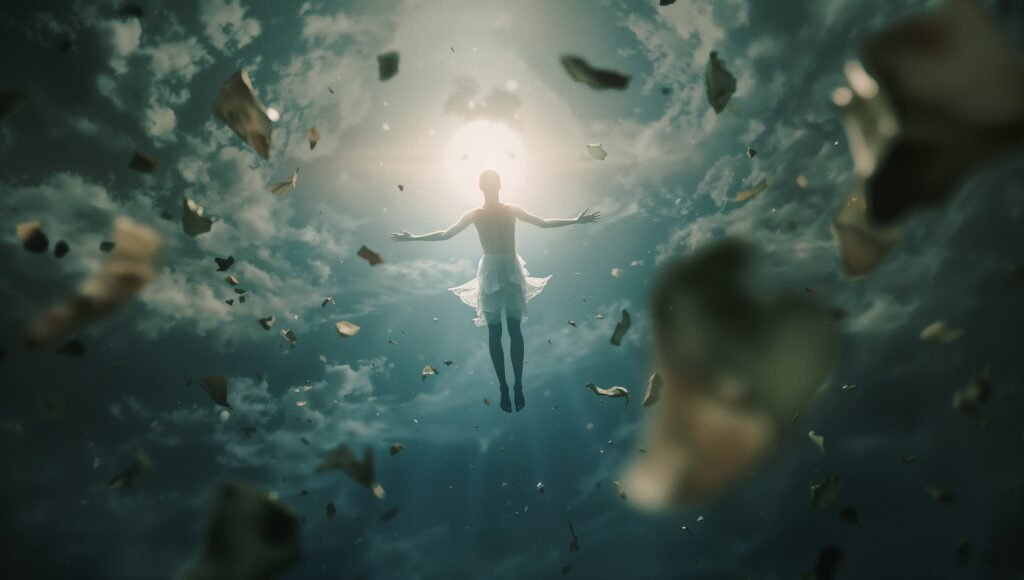 Illustration of consciousness persisting after death without memory, showing raw awareness and phenomenology independent of biographical identity.
