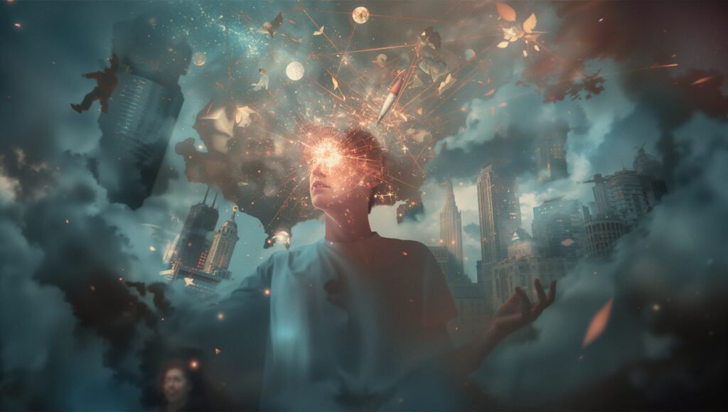 Illustration of parallel selves and alternate realities in dreams, exploring the concept of multiverse consciousness and unlived lives.