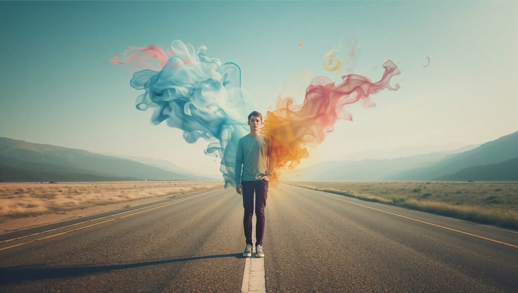 A conceptual digital artwork showing a young adult at a crossroads, surrounded by floating symbols of different life roles, with their body blending into flowing colors to symbolize fluid identity and self-reinvention.