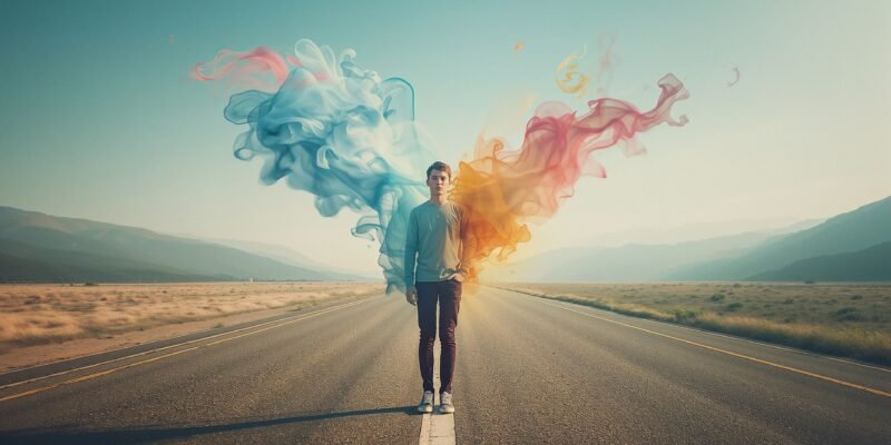 A conceptual digital artwork showing a young adult at a crossroads, surrounded by floating symbols of different life roles, with their body blending into flowing colors to symbolize fluid identity and self-reinvention.