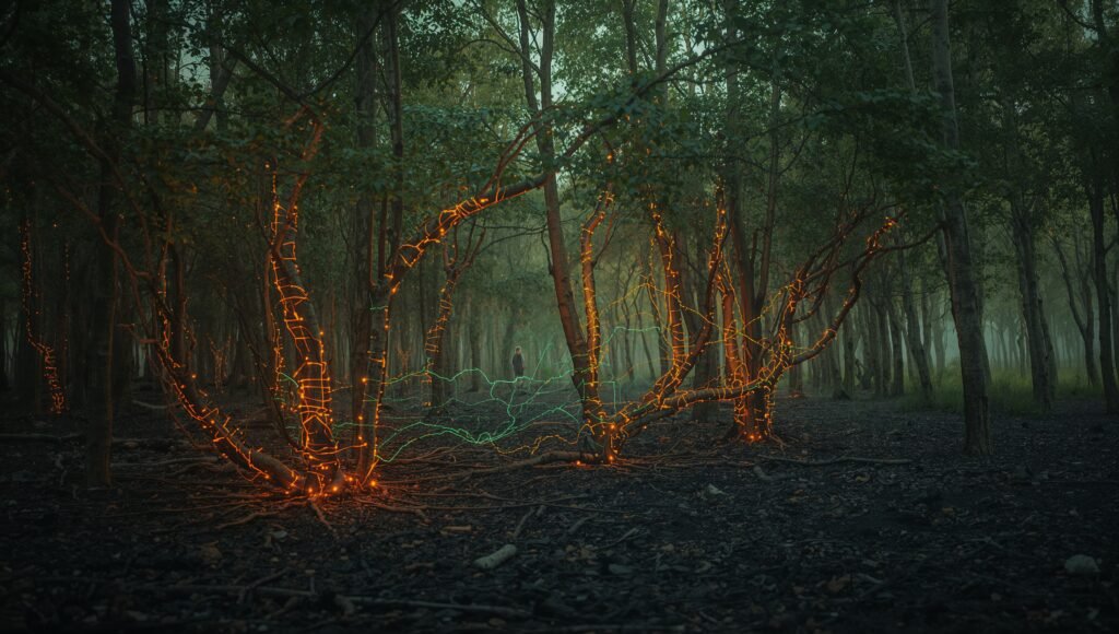 Illustration of plant consciousness showing trees sending electrical and chemical signals, highlighting the concept of silent suffering in plants