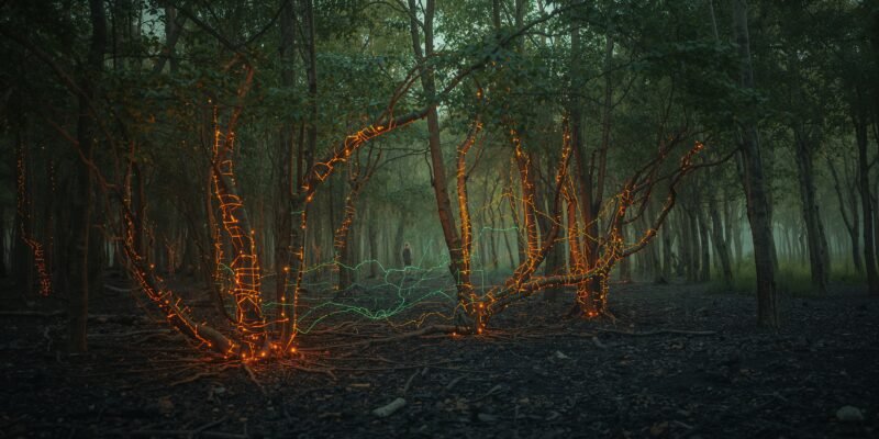 Illustration of plant consciousness showing trees sending electrical and chemical signals, highlighting the concept of silent suffering in plants