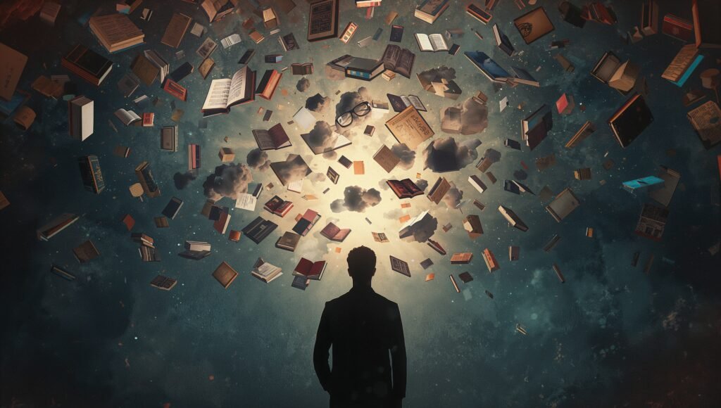 Illustration of a person alone in their private mental space, surrounded by floating thoughts and abstract symbols, representing inner monologue, imagination, and intellectual solitude.