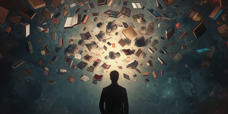 Illustration of a person alone in their private mental space, surrounded by floating thoughts and abstract symbols, representing inner monologue, imagination, and intellectual solitude.