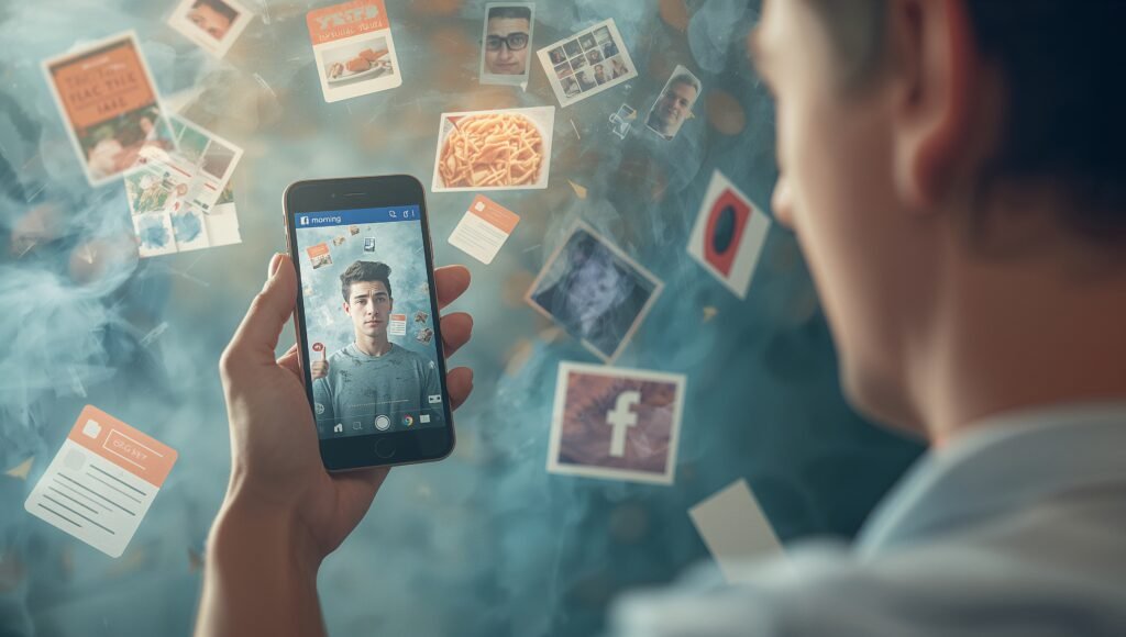 Conceptual illustration of a man posting 'Good morning' on Facebook, reflecting on becoming like his father, with generational social media habits symbolized by food photos, quotes, and political posts.