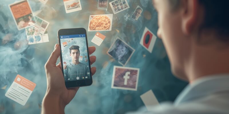 Conceptual illustration of a man posting 'Good morning' on Facebook, reflecting on becoming like his father, with generational social media habits symbolized by food photos, quotes, and political posts.