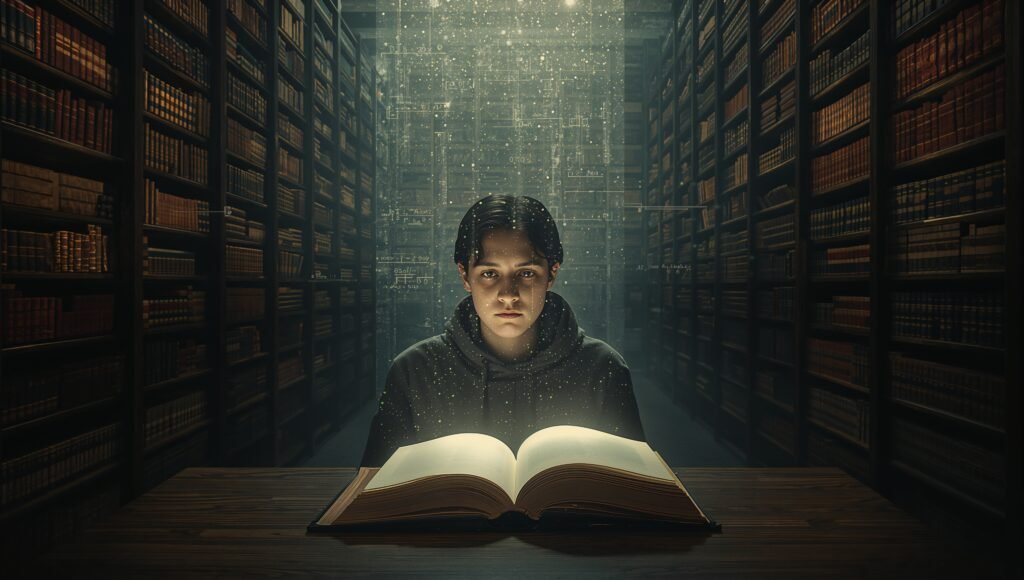 A young person sits at a desk in a vast library, looking at a blank book while surrounded by volumes titled 'Social Cues' and 'Career Navigation.' Faint streams of data flow around other people in the background, symbolizing unspoken knowledge.