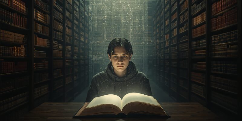 A young person sits at a desk in a vast library, looking at a blank book while surrounded by volumes titled 'Social Cues' and 'Career Navigation.' Faint streams of data flow around other people in the background, symbolizing unspoken knowledge.