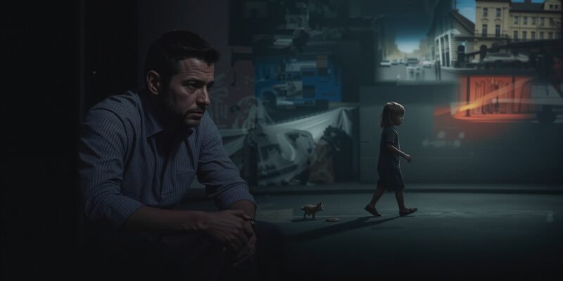 "Illustration of a parent sitting awake at night, showing parenting anxiety and worry about child’s safety