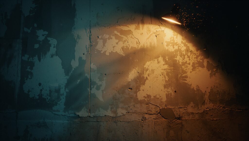 An old wall in lamplight where shadows ripple like stored human emotions.