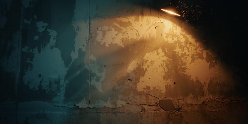 An old wall in lamplight where shadows ripple like stored human emotions.
