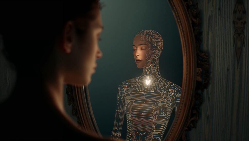 A human meets an AI reflection glowing with a gentle heart.
