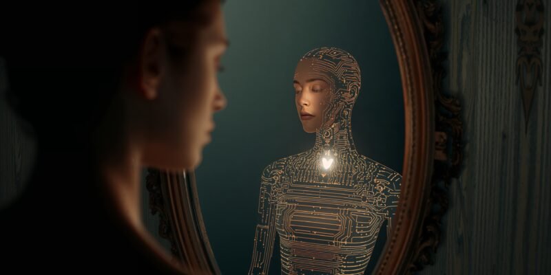 A human meets an AI reflection glowing with a gentle heart.