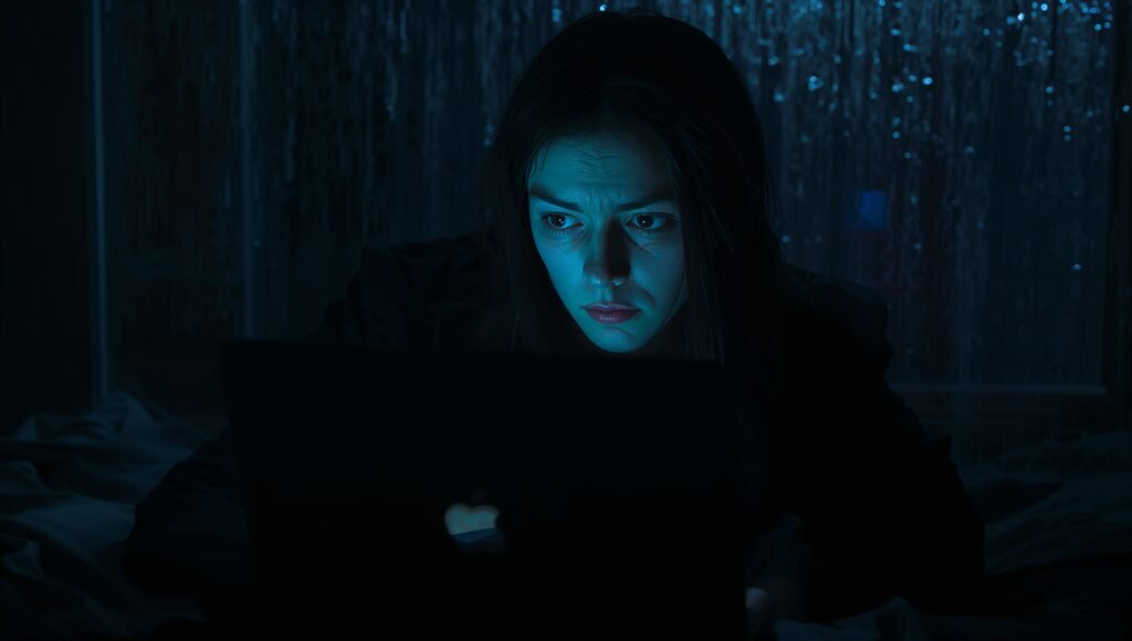 Alone at 3 a.m., face lit by laptop glow; rain-streaked window, quiet melancholy.