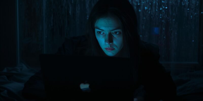 Alone at 3 a.m., face lit by laptop glow; rain-streaked window, quiet melancholy.