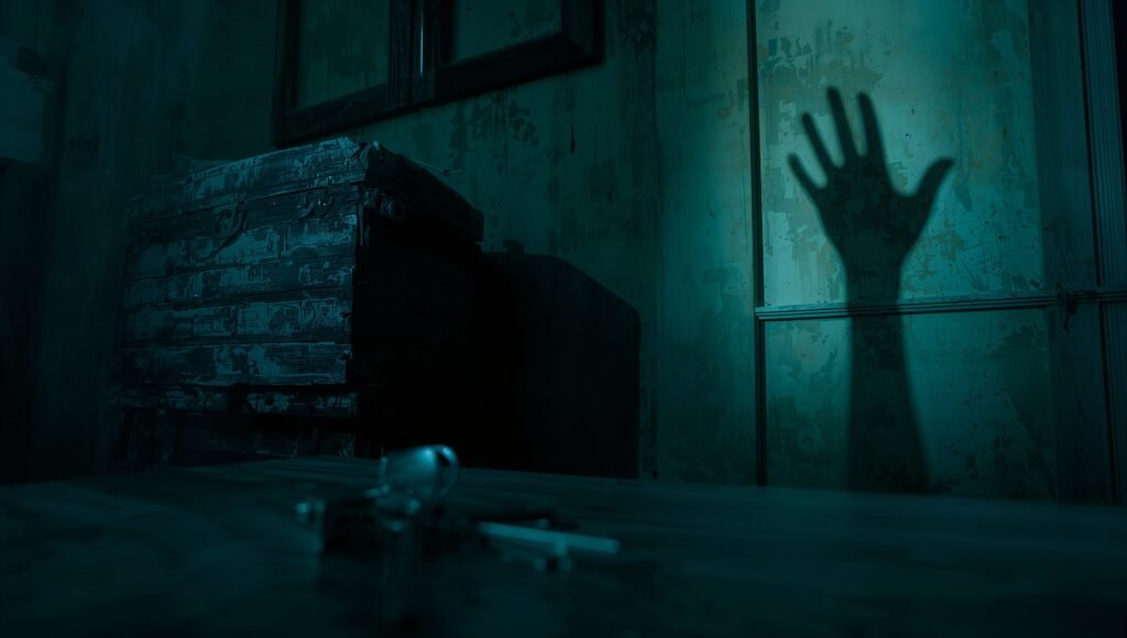 A packed trunk and house keys in a dim room, hinting at a promise to the dead and the weight of leaving.