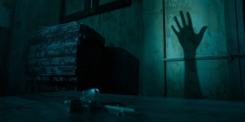 A packed trunk and house keys in a dim room, hinting at a promise to the dead and the weight of leaving.