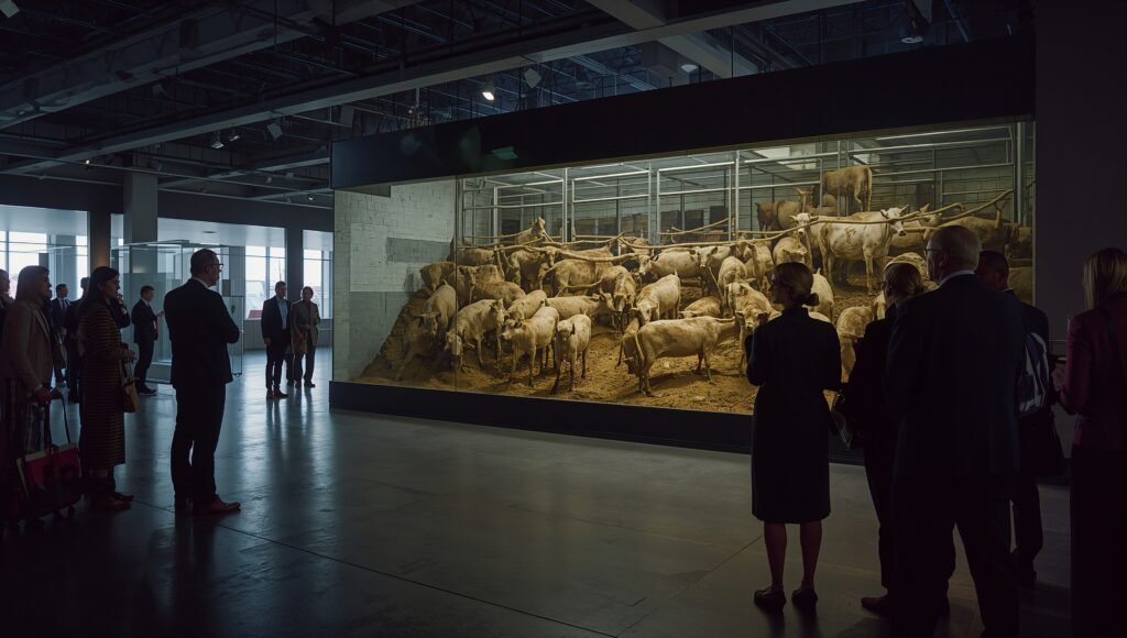 A somber future view of meat consumption: a museum exhibit critiquing historical industrial farming.
