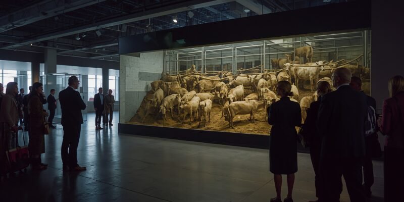 A somber future view of meat consumption: a museum exhibit critiquing historical industrial farming.