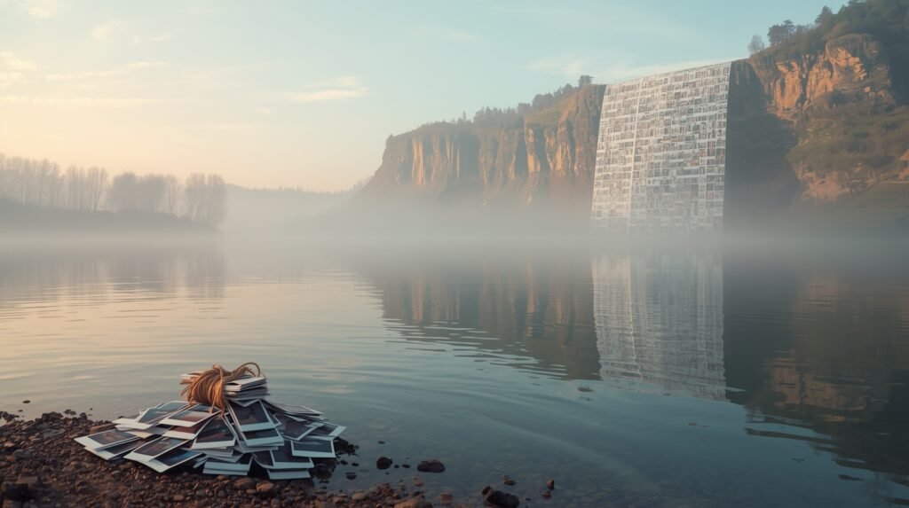 calm lake at dawn, pile of polaroids on shore — mindful photography