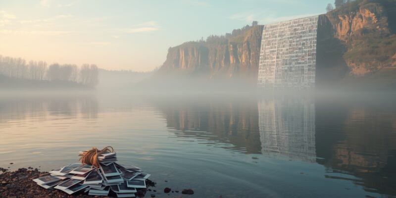 calm lake at dawn with a pile of polaroids on the shore — mindful photography