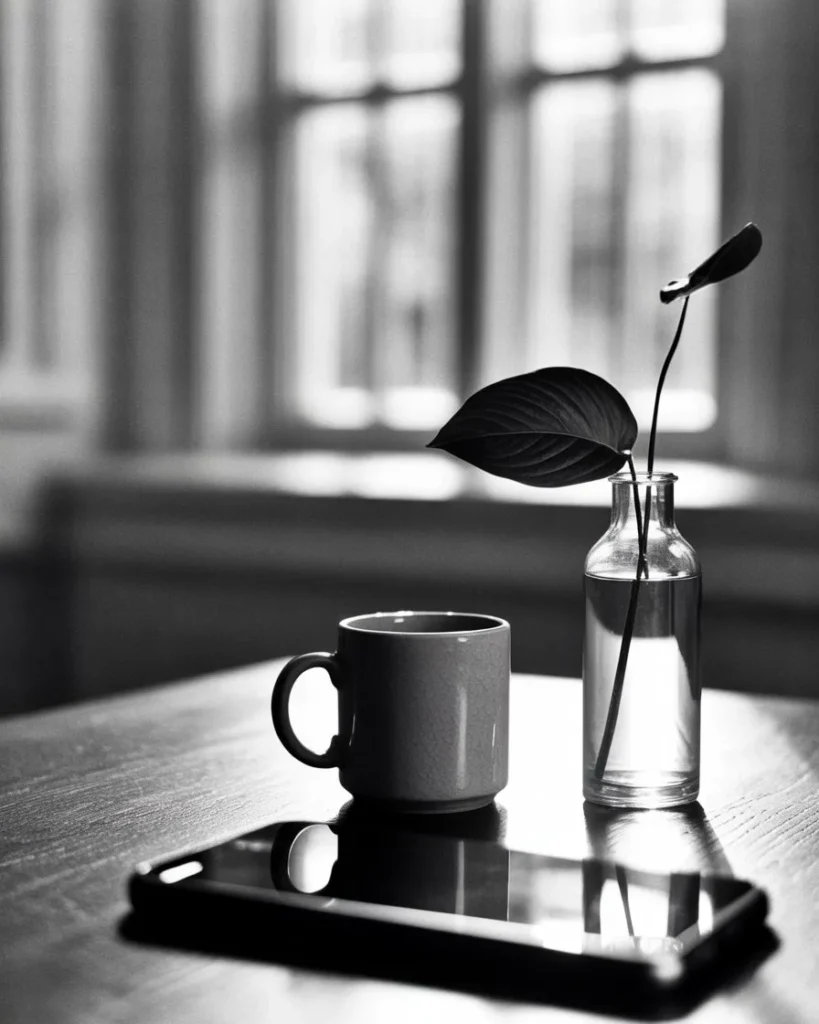 A peaceful desk setting promoting digital minimalism to combat information overload and social media addiction.