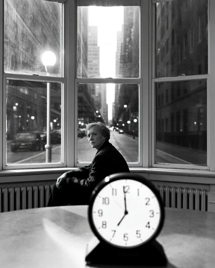 A photograph of a person sitting alone by a window in the middle of the night, reflecting on their life and experiencing an existential crisis and emotional numbness.