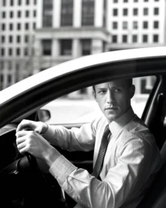 A man sitting alone in a car after an interview, tie loosened — a quiet moment of self doubt and identity crisis in adult