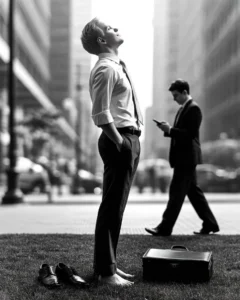 A professional adult standing barefoot on park grass, looking up at the sky, perfectly illustrating the existential crisis meaning and the struggle of feeling lost in life amidst the pressures of adulthood.