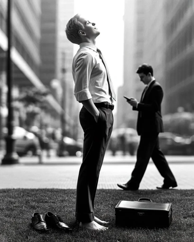 A professional adult standing barefoot on park grass, looking up at the sky, perfectly illustrating the existential crisis meaning and the struggle of feeling lost in life amidst the pressures of adulthood.