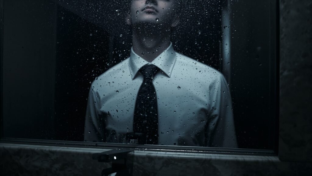 Exploring the psychological split between authentic self and professional persona during job interviews and workplace performance anxiety.