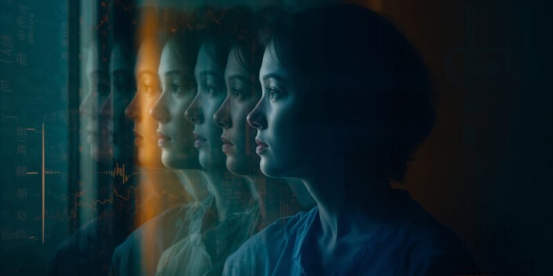 Silhouette with overlapping translucent profiles and soft waveforms—many inner voices shaping identity.