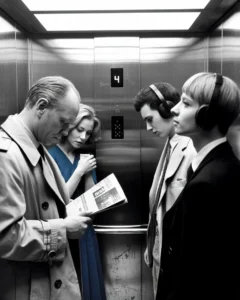 A realistic photo inside a crowded elevator where strangers avoid eye contact, illustrating the challenge of how to start a conversation and the feeling of social anxiety in public spaces.