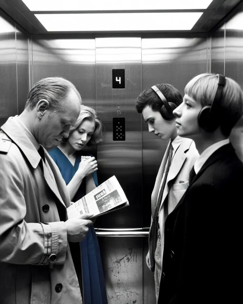 A realistic photo inside a crowded elevator where strangers avoid eye contact, illustrating the challenge of how to start a conversation and the feeling of social anxiety in public spaces.