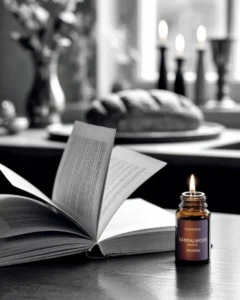 A nostalgic setting with an old book and a sandalwood scent candle, representing the connection between scent and memory.