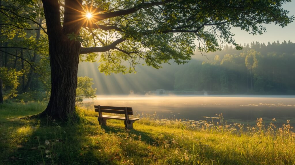 Sunlit lake at dawn through trees—quiet calm hinting at the fear of happiness.