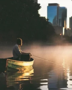 A lone fisherman sitting in peaceful stillness on a misty river at sunrise, with a cold city skyline in the distance — a natural metaphor for what is the meaning of life and how to find purpose in life beyond material success.
