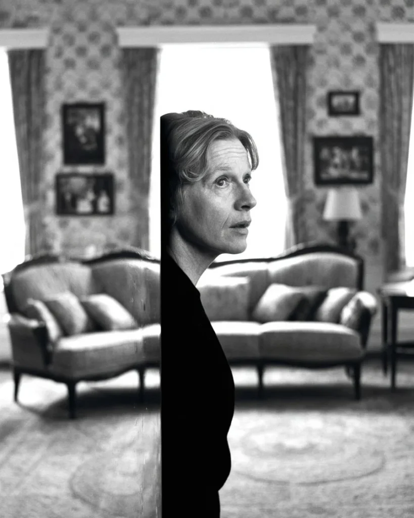 A contemplative adult standing in their childhood home, wondering what is wrong with me while experiencing emotional detachment and an identity crisis.