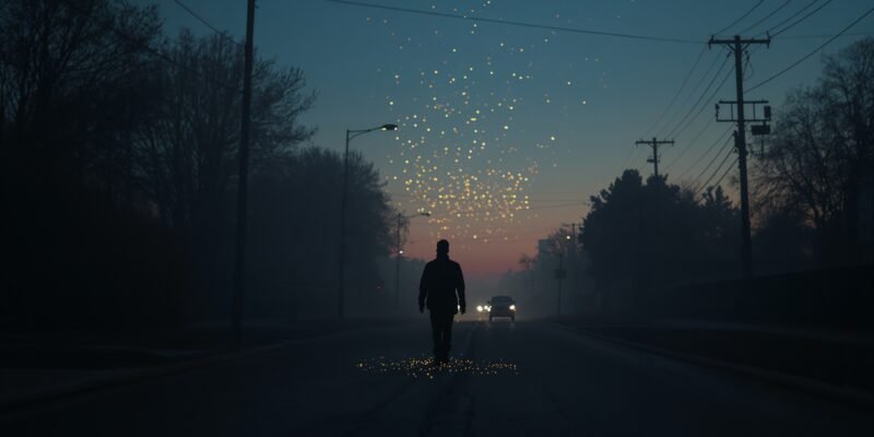 Lone person walking at dusk; small lights rise like stars — metaphor for life in legacy.