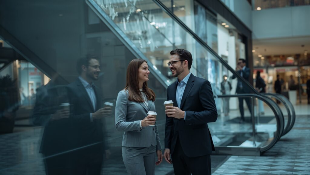 Two adults perform a conversation in a modern mall, their reflections distorted in a dark glass window, symbolizing the disconnect between their public performance and private selves.