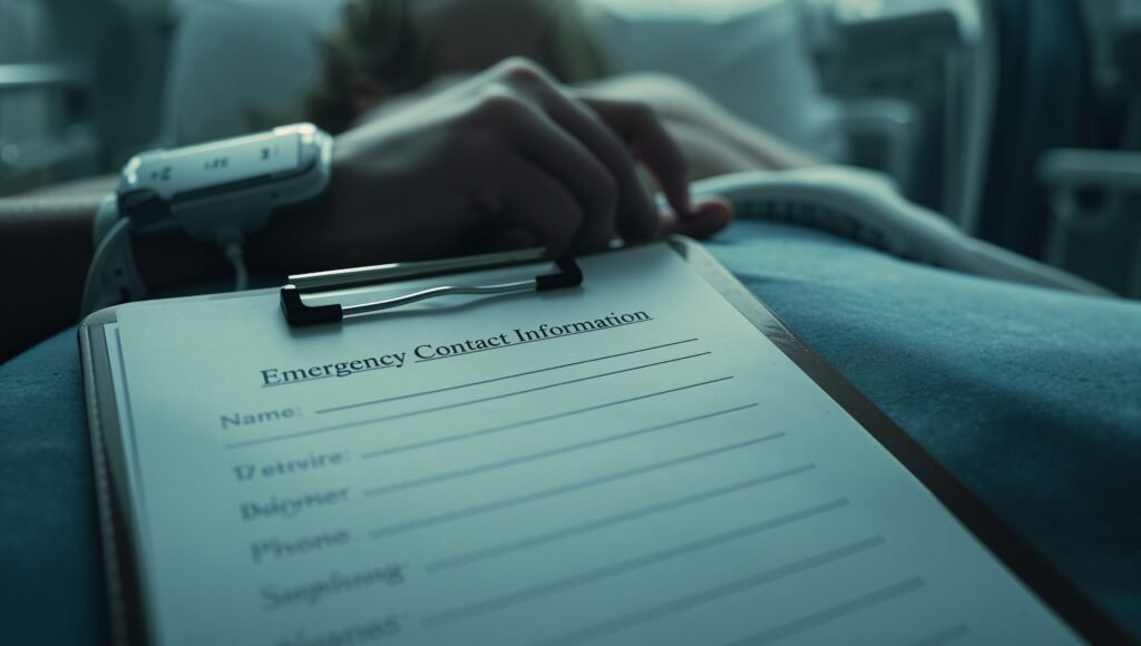 A close-up, photorealistic image of a blank emergency contact form on a hospital clipboard, with a patient's hand and a heart monitor wire visible, symbolizing profound isolation during a medical crisis.