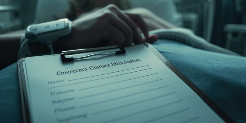 A close-up, photorealistic image of a blank emergency contact form on a hospital clipboard, with a patient's hand and a heart monitor wire visible, symbolizing profound isolation during a medical crisis.