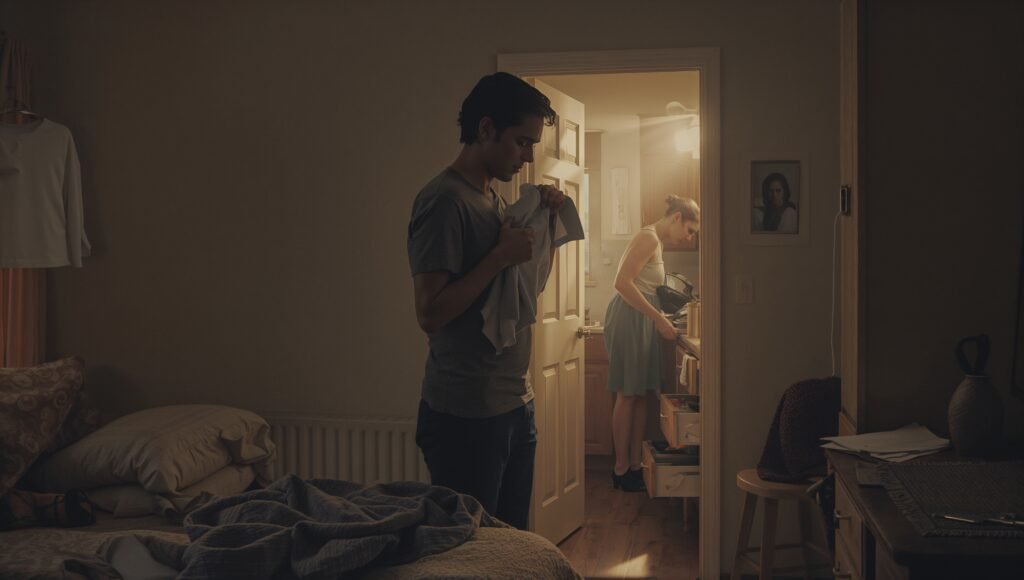 A visual for the myth of the one: a person has a moment of realization about chosen love while folding laundry.