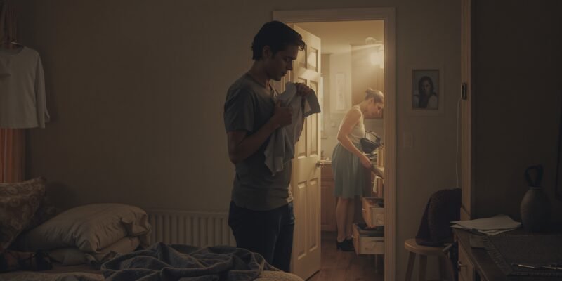 A visual for the myth of the one: a person has a moment of realization about chosen love while folding laundry.