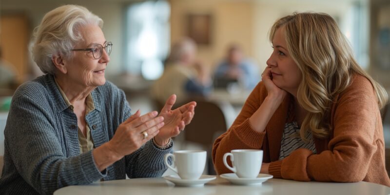 An elderly woman shares wisdom about the acceptance of death with her granddaughter during a conversation in a hospital cafeteria.
