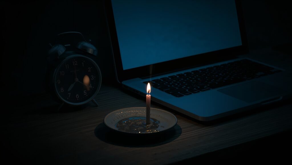 A photorealistic still life showing a digital clock displaying 11:11 next to an extinguished, melted birthday candle on a wooden desk, symbolizing the loss of childhood wonder and the transition to adult pragmatism.