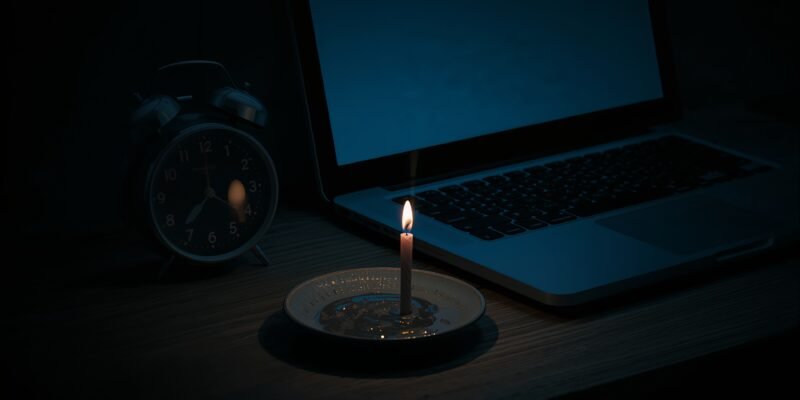 A photorealistic still life showing a digital clock displaying 11:11 next to an extinguished, melted birthday candle on a wooden desk, symbolizing the loss of childhood wonder and the transition to adult pragmatism.